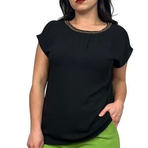 LOFT Black Chiffon Boxy Blouse with Brass Beaded Round Neckline